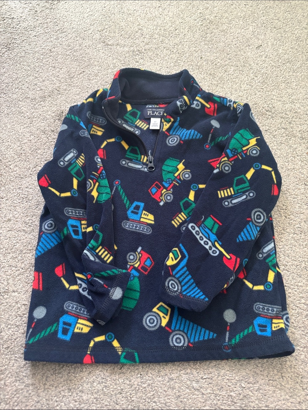 The Children's Place Navy Fleece Pullover with Colorful Construction Vehicles